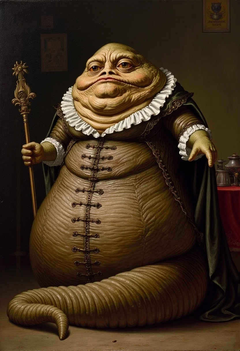 An oil painting in the style of Rembrandt of a Hutt dressed as a 17th century nobleman, slug-like, no legs