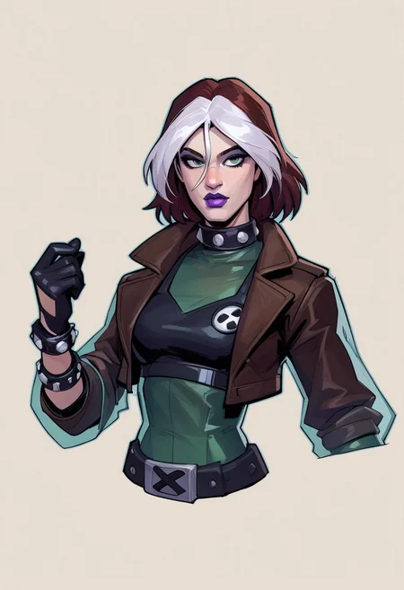 score_9, score_8_up, score_7_up, score_6_up, {Rogue, marvel}, 1girl, pale skin, lilac lips, lilac makeup, short brown hair with white bangs, EVOrogue, black sports bra, studded collar, green mesh top (covered chest), green transparent blouse, long sleeves, gray eyes, black leather skirt, gray tights, big black boots, studded bracelets, leather gloves, brown bomber jacket, fur trim, hood,
casual clothes, goth outfit,
detailed face, pretty face, outline, cel-shading, sketch,