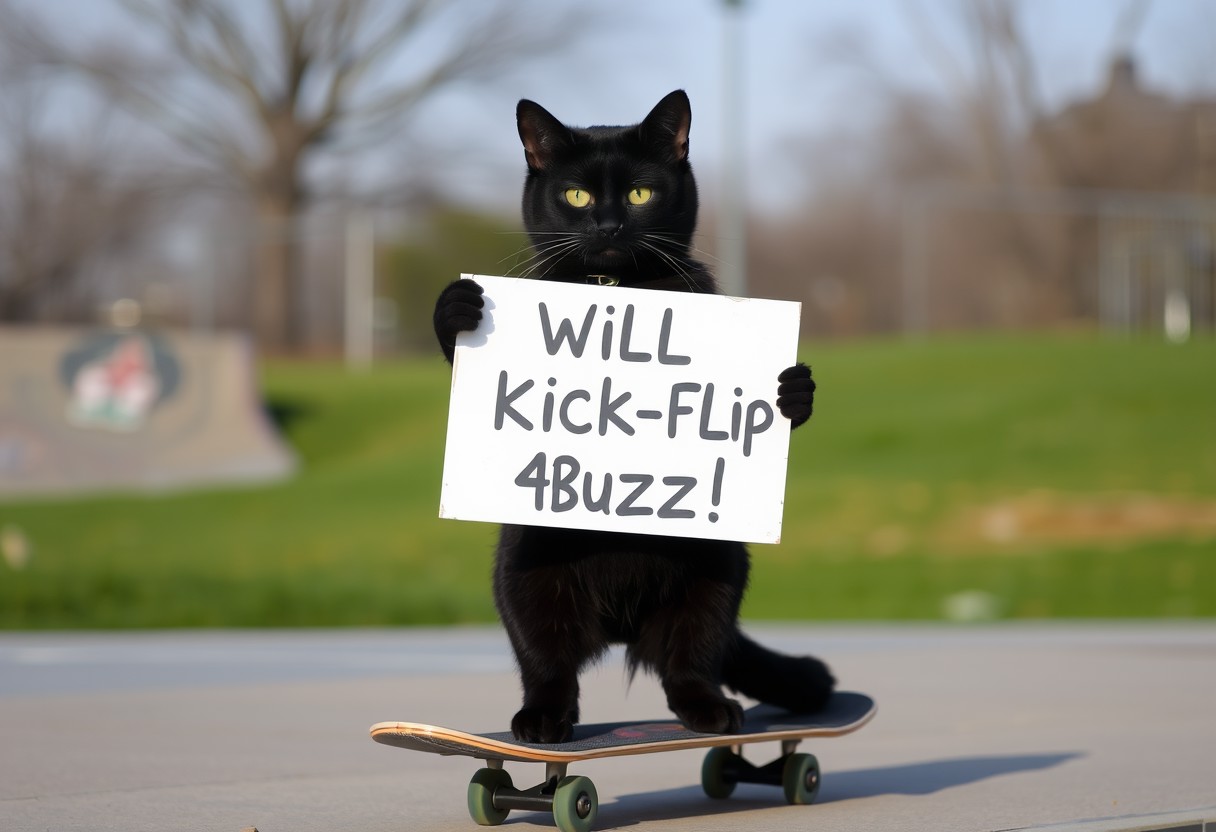 a black cat, it holds a sign saying "Will Kick-Flip 4 Buzz!", standing on a skateboard, skate park in background.