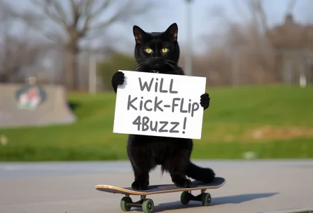 a black cat, it holds a sign saying "Will Kick-Flip 4 Buzz!", standing on a skateboard, skate park in background.