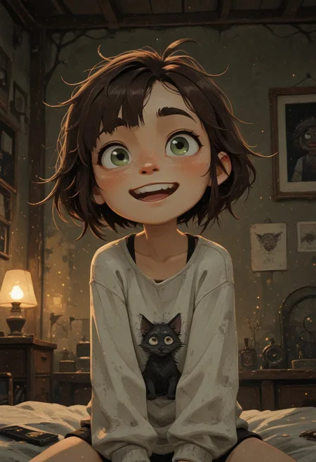 Arcane Style, longxiang_style,
1girl,
masterpiece, best quality, amazing quality,
green eyes, freckles, dark-brown hair, asymmetrical bangs,
ahoge,
happy, laugh,
bedroom,
very aesthetic, absurdres, hyper-detailed, 8k uhd, absolutely eye-catching, ambient occlusion, raytracing,