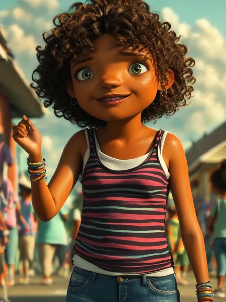 score_9, score_8_up, score_7_up,  score_6_up, BREAK, TipTucci, 1girl, solo, short hair, smile, brown hair, green eyes, striped, jewelry, shirt, earrings, parted lips, tank top, child, pants, female child, outdoors, curly hair, denim, shorts, jeans, bracelet, denim shorts <lora:Gratuity_Tucci:1> d3t41l3d  <lora:d3t41l3dXLP:1>