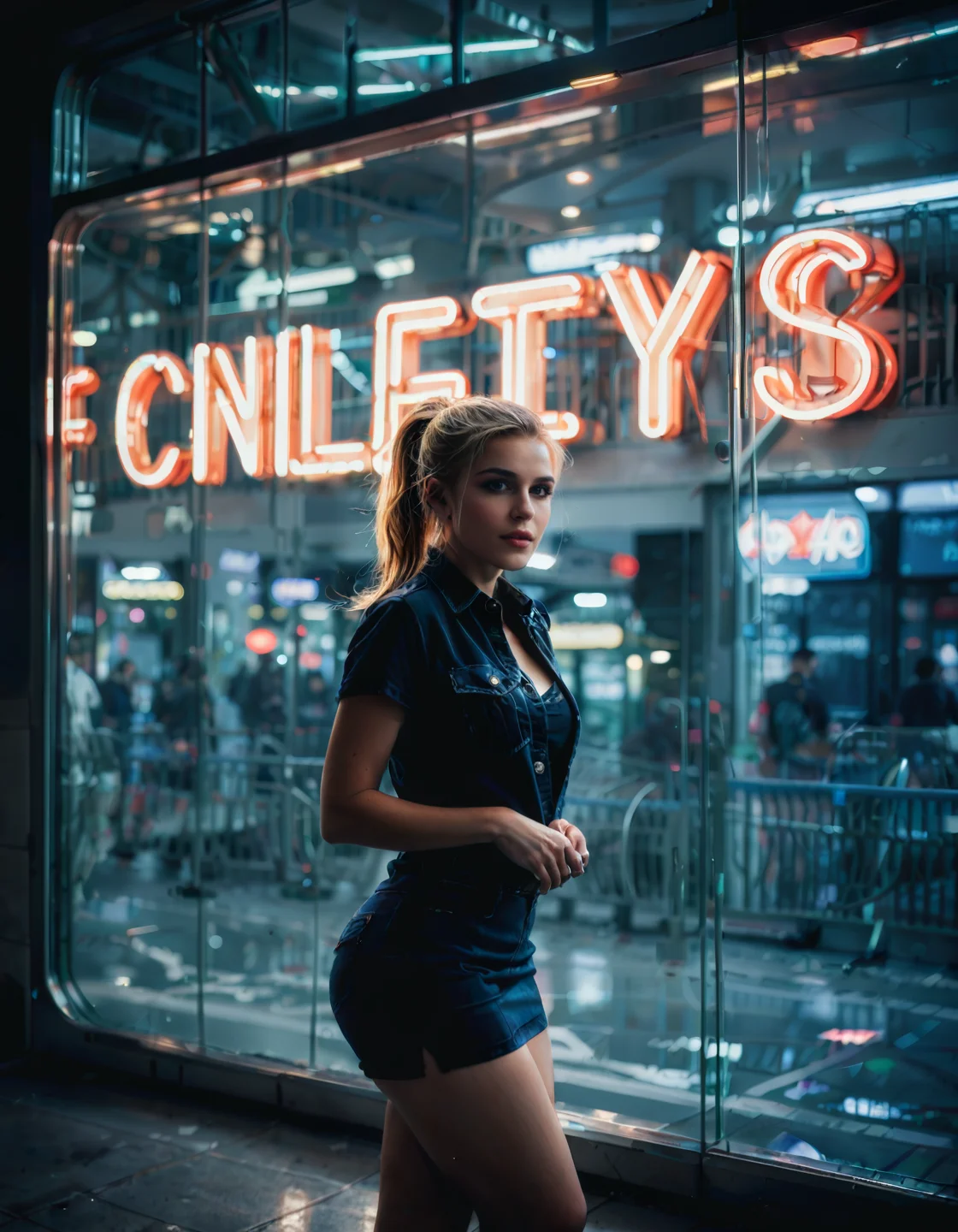 (real life, cinematic, 1girl, cute, gorgeous blonde white 18yo girl, ponytail, alluring face, sexy, makeup, (wide hips, big ass), pencil skirt), dynamic pose, score_7_up, score_8_up, score_9_up, detailed beautiful futuristic cityscape, bloom, rim lighting, <lora:Beautiful face_alpha1.0_rank4_noxattn_last:.78>, <lora:Neon_Scene:0.88> neonscene, reflection, glowing, neon light everywhere, neon lights, neon light streaks, darkness, noise offset, wet ground, light reflection, (neon sign text "NEON")