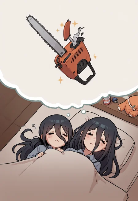 score_9,score_8_up,score_7_up BREAK 1girl,solo,source_anime,foreshortening,cinematic_angle,dynamic_angle,long hair,Reze from Chainsaw Man,<lora:Dreaming_of...:1>,dreaming,dreaming of,sleeping,head on pillow,under covers,in bed,dreaming of object,dreaming of chainsaw,<lora:Better_Chainsaw:0.8>,chainsaw,