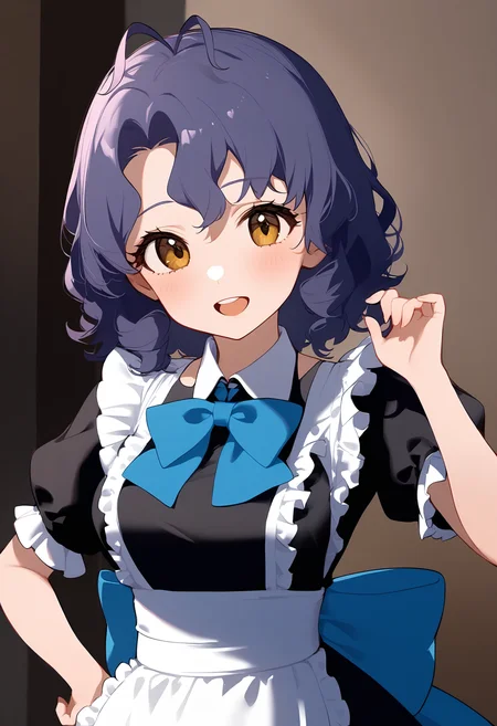 1girl,
toyokawa fuka,
blush, frilled dress, alternate costume, curly hair, blue bow, light smile, open mouth, enmaided, frilled sleeves, breasts, back bow, black dress, standing, maid, medium hair, yellow eyes, upper teeth only, blue bowtie, short sleeves, purple hair, collared dress, teeth, frills, hand up, bow, dress, cowboy shot, hand on own hip, wavy hair, bowtie, frilled apron, antenna hair, hair between eyes, maid apron, solo, large breasts, apron,
sfw
<lora:a31_char_new_toyokawa_fuka:1> <lora:a31_style_koni-000010:0.8>