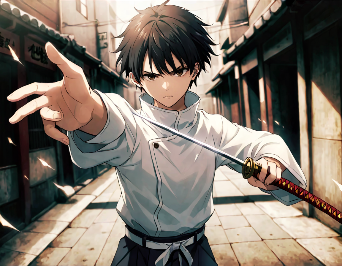 photograph cinematic photo, 
jk3, 1boy, holding weapon, holding sword, male focus, aura, black hair, looking at viewer, high collar, katana, fighting stance, upper body, belt, jujutsu kaisen, closed mouth, long sleeves, frown, outstretched arm, cowboy shot, blurry background, bangs, school uniform, pants, brown eyes, serious, short hair, white shirt, magic, tsurime, jacket
(dutch angles:1.3)
 <lora:Jujutsu-Kaisen:.7>, 50mm . cinematic 4k epic detailed 4k epic detailed photograph shot on kodak detailed cinematic hbo dark moody, 35mm photo, grainy, vignette, vintage, Kodachrome, Lomography, stained, highly detailed, found footage