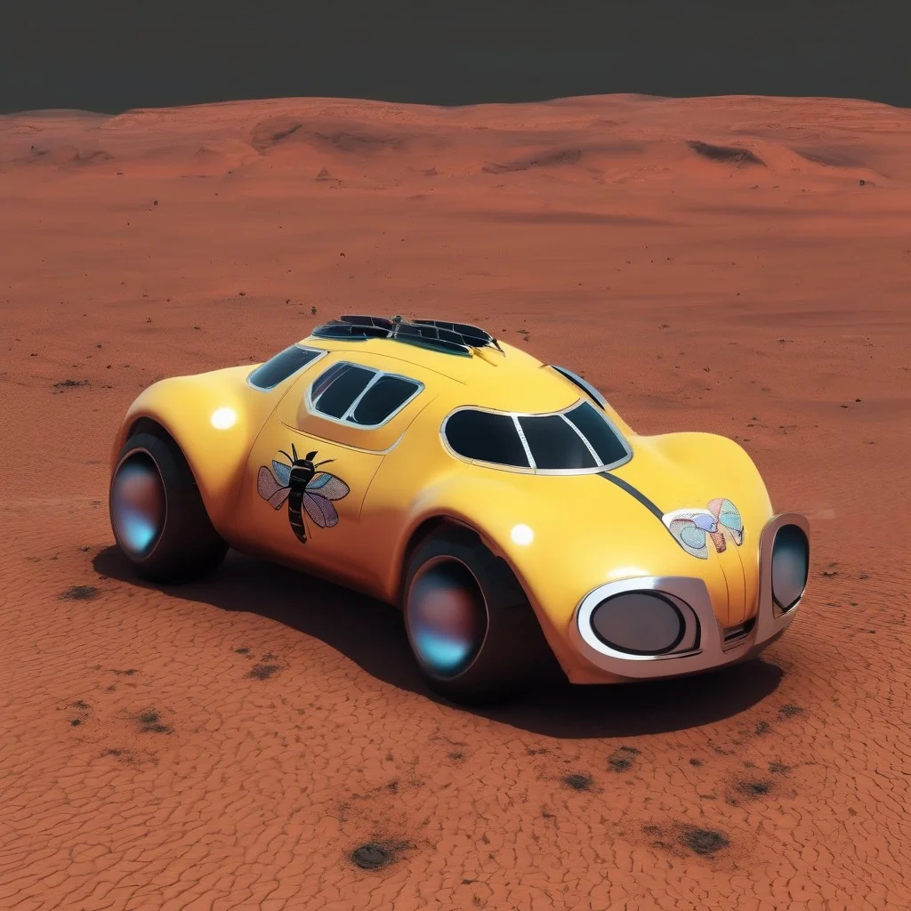 Silly car with the colors of a bee, yellow and black, paved road in mars, masterpiece