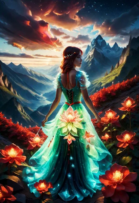 butifl girl, the scarlet flower glows, mountains, magical light,