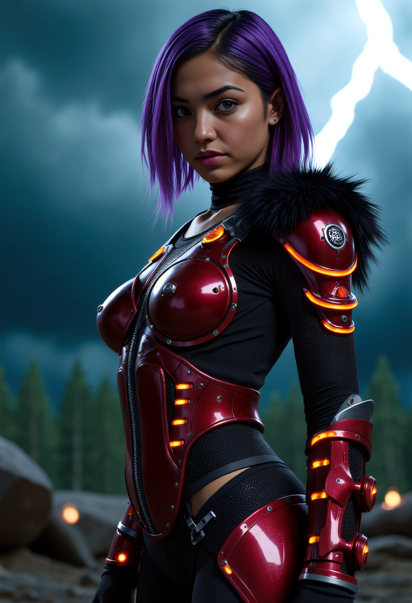 vikingpunk style  mature  biopunk evolution female (XX) mexican, ebony skin, hazel eyes, character, Muscular build, short Layered  purple hair, ,, wearing a neon red mechanized bear pelt armor, gravity boots, neural implant, set in  a digital valhalla-simulation, a vibrant afterlife accessed through neural implants, where VikingPunk warriors relive glorious battles and feast eternally in a neon-lit hall. , during a storm,,   <lora:flux_trainer/moxiePunk_v4D>