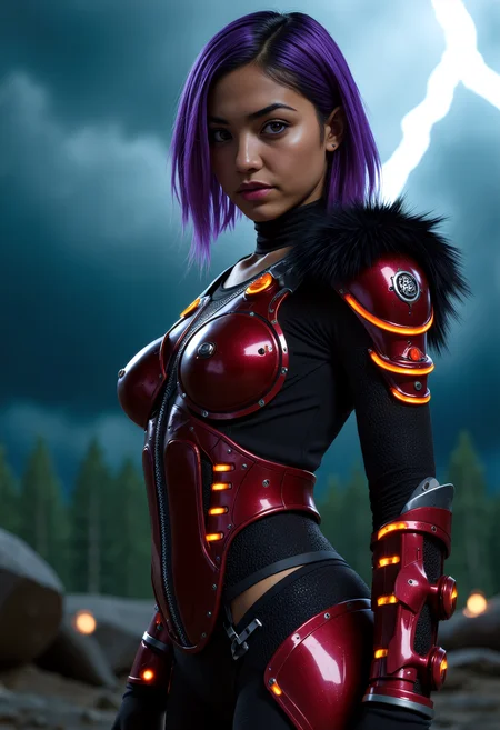 vikingpunk style mature biopunk evolution female (XX) mexican, ebony skin, hazel eyes, character, Muscular build, short Layered purple hair, ,, wearing a neon red mechanized bear pelt armor, gravity boots, neural implant, set in a digital valhalla-simulation, a vibrant afterlife accessed through neural implants, where VikingPunk warriors relive glorious battles and feast eternally in a neon-lit hall. , during a storm,, <lora:flux_trainer/moxiePunk_v4D>