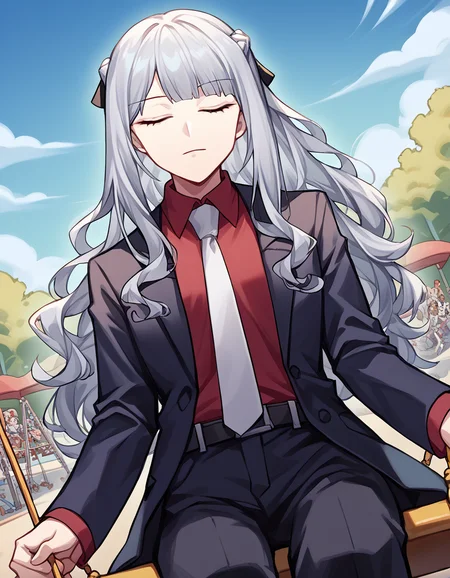 score_9, score_8_up, score_7_up, source_anime, <lora:girlsfrontline-ak-12-ponyxl-lora-nochekaiser:1>, ak-12, ak-12 (girl's frontline), closed eyes, grey hair, long hair, bangs, pale skin, straight hair, curly hair, braid, french braid, sidelocks,, belt, black jacket, black pants, business suit, formal, jacket, long sleeves, necktie, pants, red shirt, shirt, suit, white necktie,, public park, playground, swing set, laughter, sunny day, , <lora:gendou-pose-ponyxl-lora-nochekaiser:1>, gendou pose, own hands clasped, own hands together, parody,, looking at viewer, solo,, dutch angle, cowboy shot