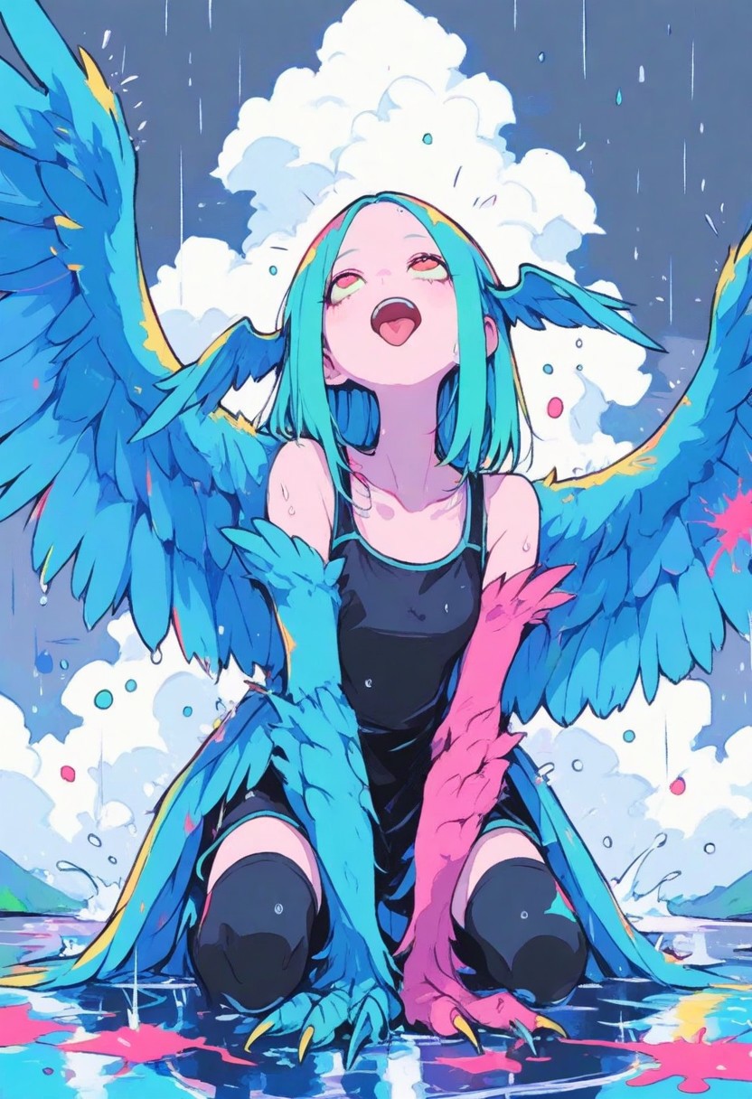 1 girl , solo , raining , playful , cheerful , water splatter , water puddle , rain , cloudy , tongue out , open mouth , looking up , harpy , head wings , arm wings , 
masterpiece, best quality ,amazing quality ,S4bit4mago_illu , xxx667_illu ,Protoneon  , ma1ma1helmes_b_illu,