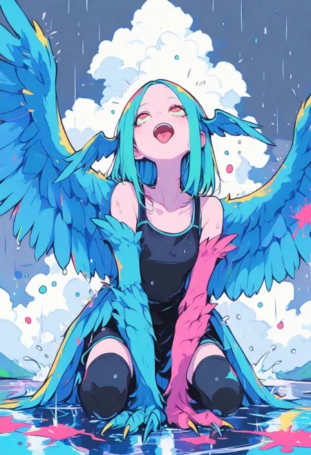 1 girl , solo , raining , playful , cheerful , water splatter , water puddle , rain , cloudy , tongue out , open mouth , looking up , harpy , head wings , arm wings , 
masterpiece, best quality ,amazing quality ,S4bit4mago_illu , xxx667_illu ,Protoneon  , ma1ma1helmes_b_illu,