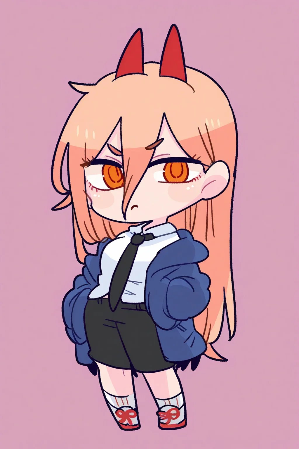 Qstyle,chibi,1girl,solo,power \(chainsaw man\),simple background,looking at viewer,full body,