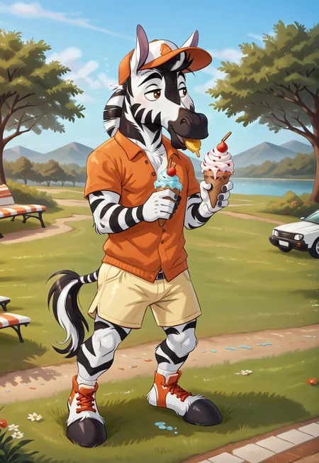 furry anthro zebra, bwu, ((Thurston)), (anthro zebra male), 1boy, solo, full body, outdoors, park, summer, smiling, eating ice cream, wearing summer outfit, sunglasses, baseball cap, looking to viewer, nice furry feet, horse like feet, toeless footwear