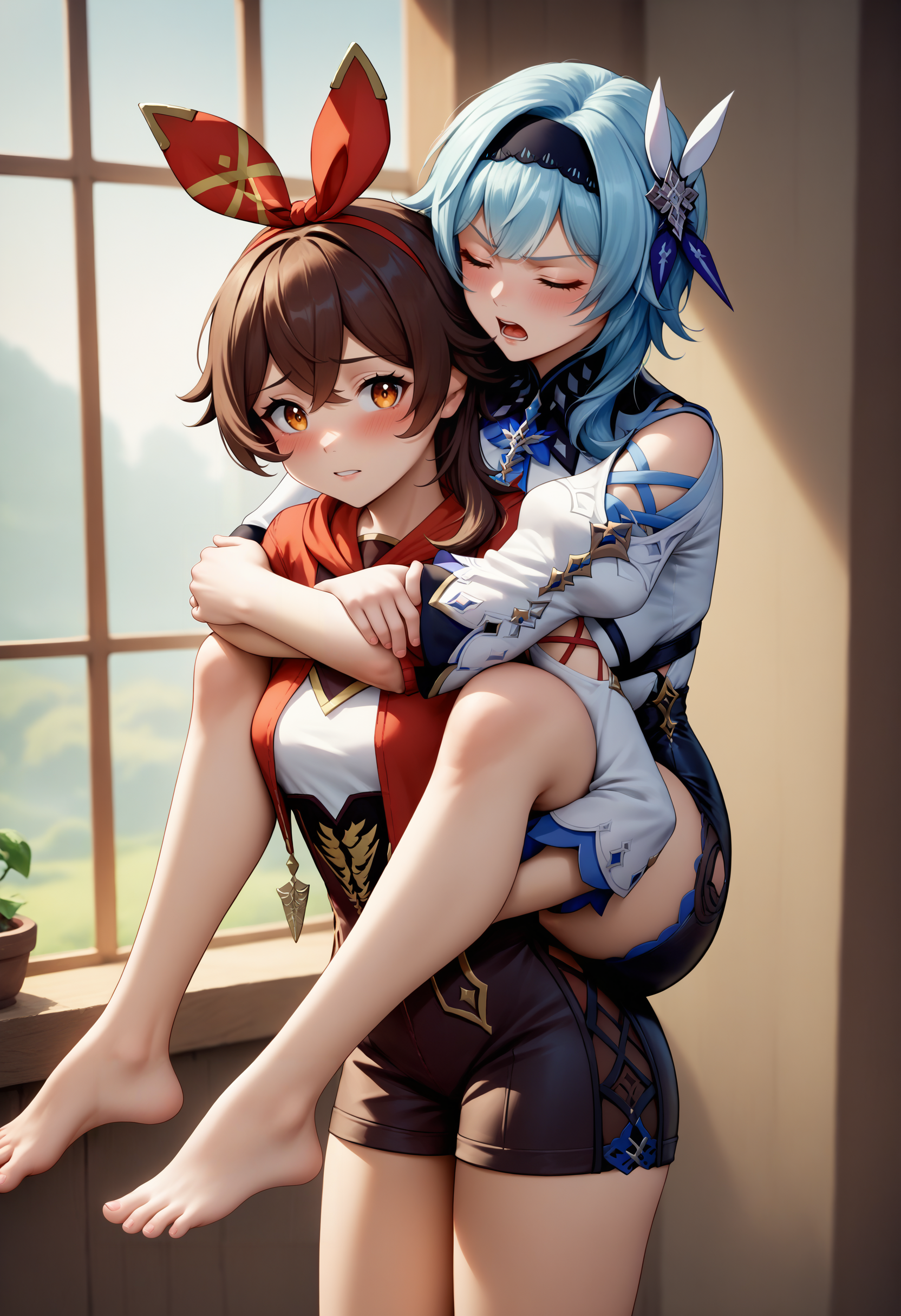 score_9, score_8_up, score_7_up, source_anime, carrying, piggyback, on back, arms around neck, holding legs, <lora:Carrying_XLPD:0.5>, 2girls,
BREAK amber \(genshin impact\), blush, bare legs, barefoot, 
BREAK eula \(genshin impact\), closed eyes, open mouth, drunk, annoyed, tall female,