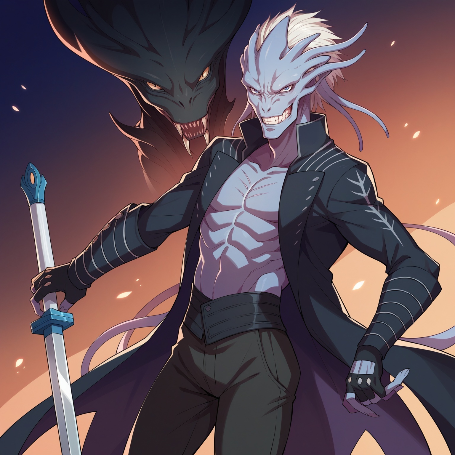 score_9, score_8_up,score_7_up, source_anime, 
BREAK
alien humanoid dmc5vergil, black coat, fingerless gloves, pants, holding sword, grin, head tilt, from side, looking at viewer, solo,
 <lora:dmc5_vergil_ponyXL:0.8>  <lora:Potat-Alienfier_humanoid-V1PN:-1.25>