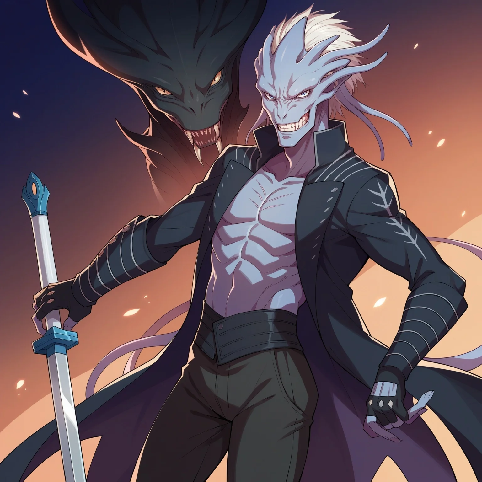 score_9, score_8_up,score_7_up, source_anime,
BREAK
alien humanoid dmc5vergil, black coat, fingerless gloves, pants, holding sword, grin, head tilt, from side, looking at viewer, solo,
<lora:dmc5_vergil_ponyXL:0.8> <lora:Potat-Alienfier_humanoid-V1PN:-1.25>