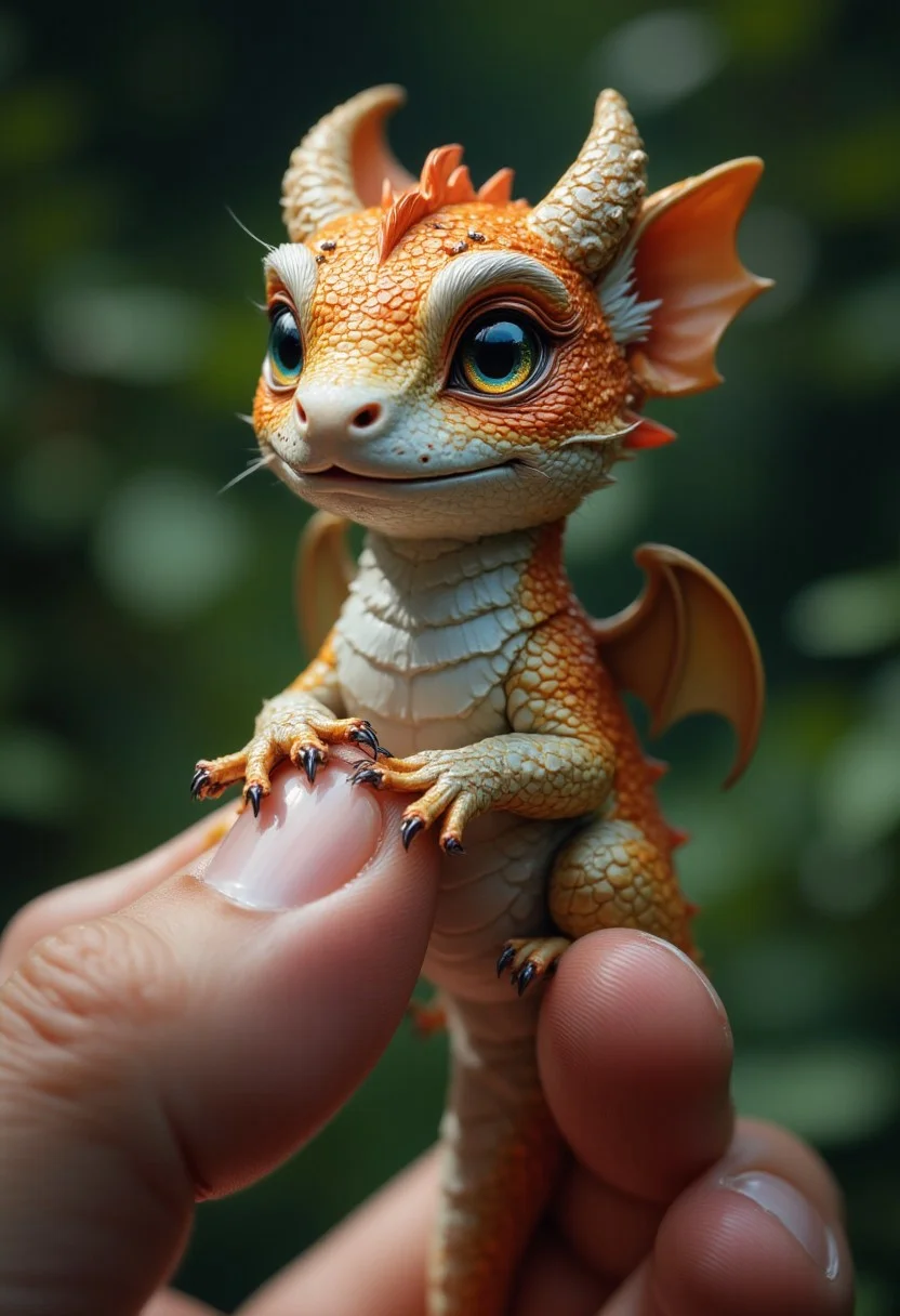 micro dragon sits on finger, hyperrealistic, professional shooting, high detail