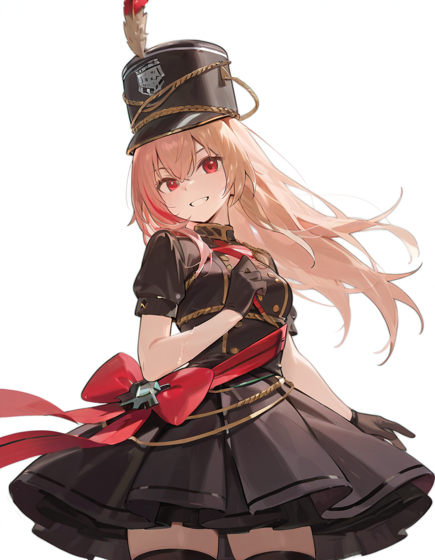 Volumetric Lighting, (masterpiece), (best quality), (ultra-detailed), masterpiece, source_anime, score_9, score_8_up, score_7_up BREAK, illustration, disheveled hair, detailed eyes, perfect composition, moist skin, intricate details, detailed eyes, detailed face, (((detailed fingers))) BREAK, long hair, blonde hair, pink hair, streaked hair, red hair, red eyes, BREAK, BirdsongInTheWood,BIW_dress, BIW_gloves, BIW_shako_cap, BIW_thighhighs, BIW_dress_bow ,hat feather, BREAK, ((white background)), looking at viewer, smile,upper body, thighs