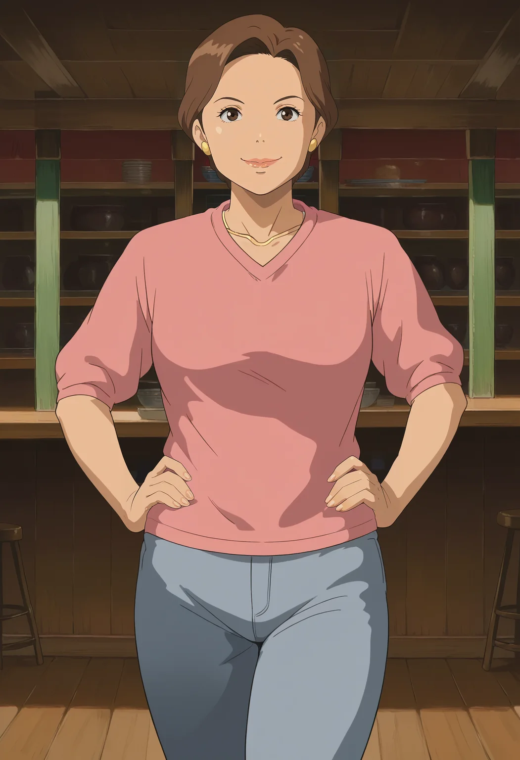<lora:Yuuko_Ogino-Sen_to_Chihiro_no_Kamikakushi:0.9>,Yuuko,mature female,1girl,solo,brown hair,short hair,pink shirt,pants,cowboy shot,hands on own hips,looking at viewer,indoors,light smile,