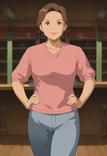 <lora:Yuuko_Ogino-Sen_to_Chihiro_no_Kamikakushi:0.9>,Yuuko,mature female,1girl,solo,brown hair,short hair,pink shirt,pants,cowboy shot,hands on own hips,looking at viewer,indoors,light smile,