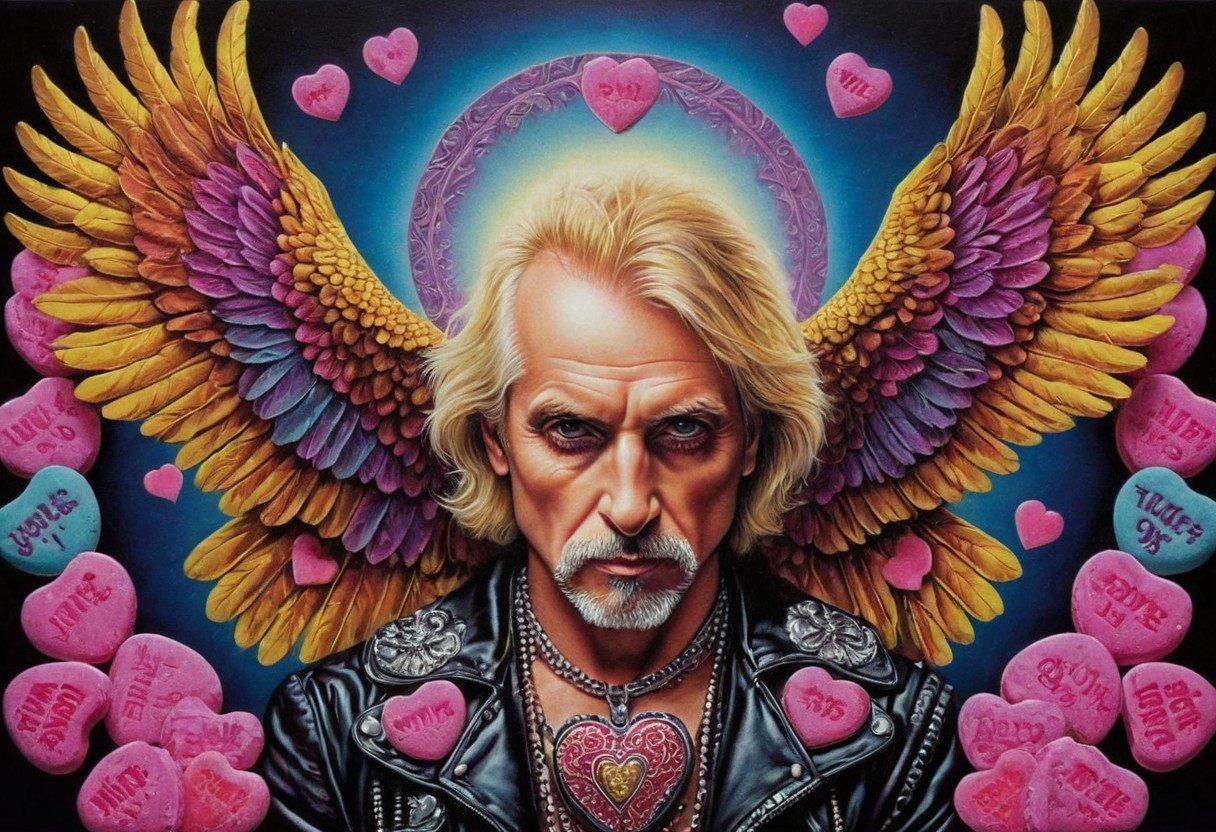 lazypos
Traditional tattoo art print in vibrant glowing colors and retro flair, depicting a surreal symmetrical portrait of Judas Priest's metallic eagle made from candyhearts, Strong moody style, low contrast, complex ornamental details against a plain background, reflecting minimalist environmental art and conceptual memory.