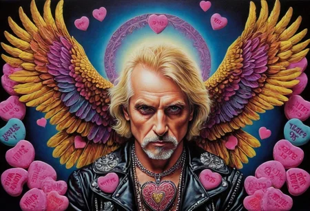 lazypos
Traditional tattoo art print in vibrant glowing colors and retro flair, depicting a surreal symmetrical portrait of Judas Priest's metallic eagle made from candyhearts, Strong moody style, low contrast, complex ornamental details against a plain background, reflecting minimalist environmental art and conceptual memory.