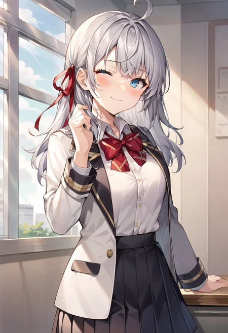 score_9, score_8_up, score_7_up, source_anime,alisa, 1girl, solo, long hair, looking at viewer, blush, smile, blue eyes, skirt, shirt, long sleeves, bow, closed mouth, school uniform, jacket, hair ribbon, white shirt, ahoge, grey hair, pleated skirt, one eye closed, open clothes, collared shirt, indoors bowtie, black skirt, red bow, open jacket, red ribbon, window, blazer, white jacket, red bowtie