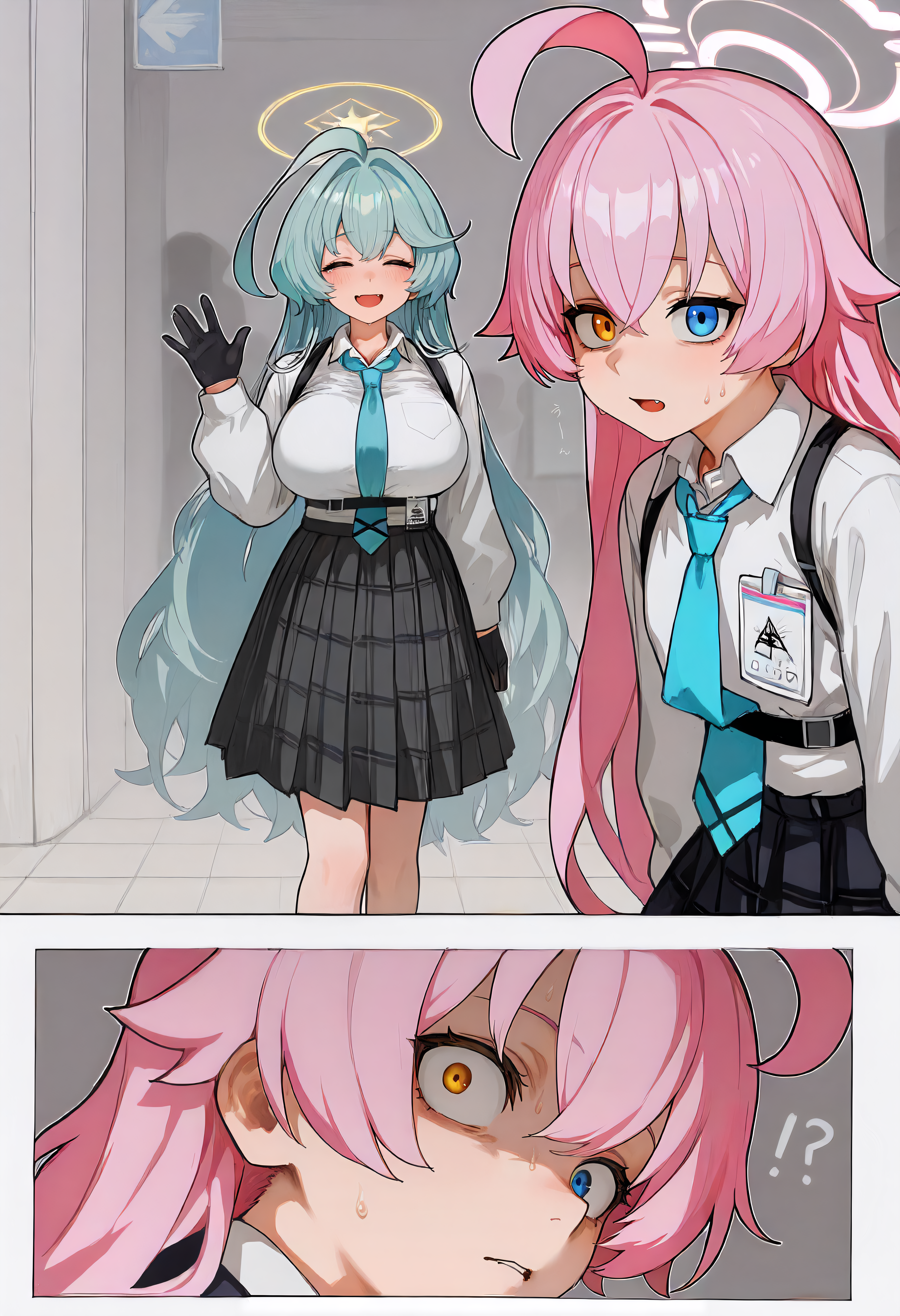 yo satoru, yume \(blue archive\), hoshino \(blue archive\), constricted pupils, waving, !?, 
<lora:cfg_scale_boost:0.3>, <lora:nai_noob_new_1536:0.35>,<lora:nyaliaXLNBVP1lokrV6311P:0.35>, <lora:illustriousXL_stabilizer_v1.23:0.4>, comic, <lora:yo_satoru-000019:1>, (masterpiece, best quality, newest, highres:1.3), good quality, very aesthetic, absurdres, newest, very awa,