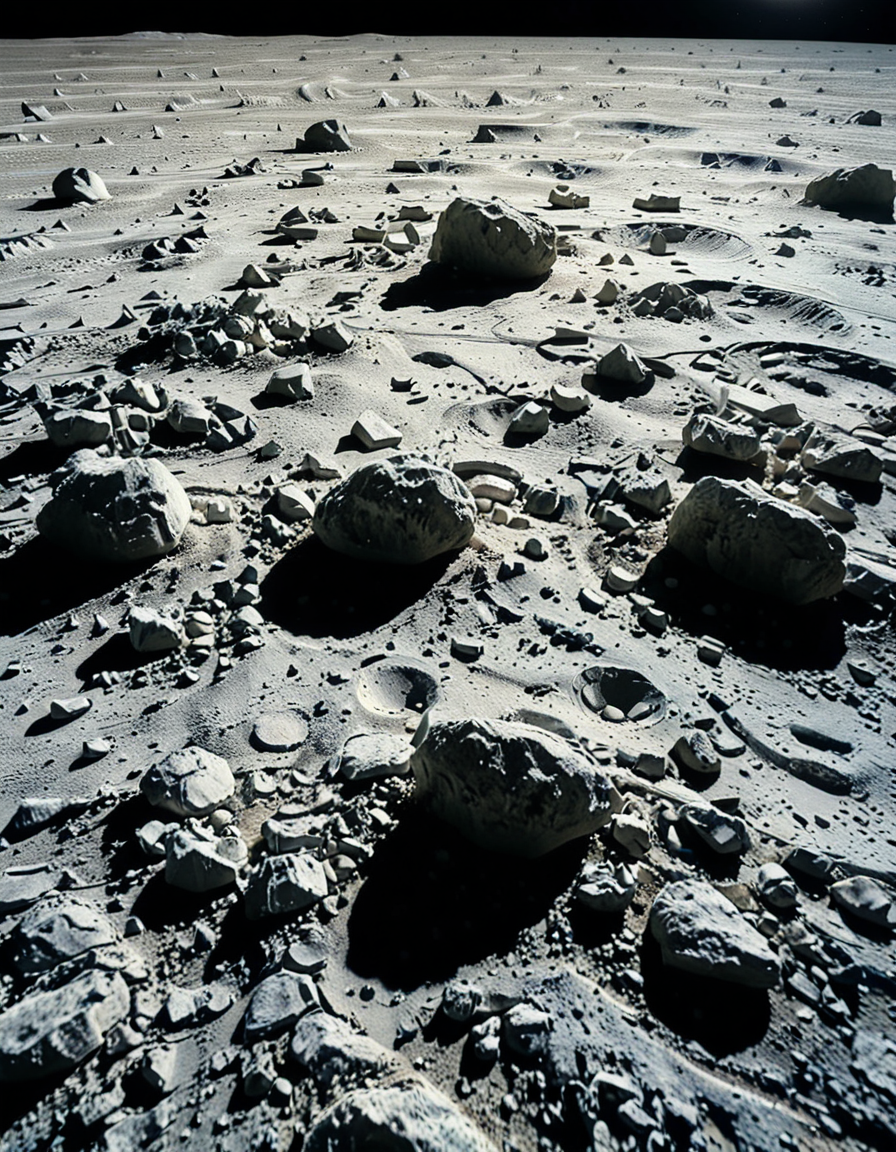 A high-resolution photograph of the Moon's surface, showcasing its rocky, cratered terrain with fine lunar dust. The foreground is dominated by detailed lunar regolith, with small rocks and uneven textures illuminated by the harsh, direct sunlight. Shadows are sharp and deep due to the lack of atmosphere. In the background, Earth appears as a vibrant blue and white sphere, partially illuminated, contrasting against the blackness of space. The composition is balanced, with Earth positioned slightly off-center to create a sense of depth and scale. The lighting is natural, with the Sun casting a bright glow on the lunar surface while leaving some areas in darkness, emphasizing the stark and desolate beauty of the Moon.
<lora:SDXLFaeTastic2400:0.4> <lora:extremely_detailed:0.4> extremely detailed, <lora:moon_surf4c3_v2:1>,moon surf4c3, Masterpiece,best quality,hi res,8k,hi res,8k,award winning,(sharp focus, intricate, highly detailed),