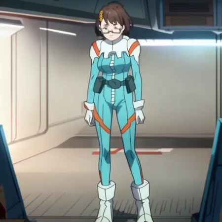 score_8, score_8_up, score_7_up, source_anime, anime screenshot, 1girl, female focus, solo, Mia_CF, brown hair, medium hair, bob cut, hair ornament, glasses, semi-rimless eyewear, under-rim eyewear, large breasts,normal suit, pilot suit, blue bodysuit, utility belt, white gloves, ankle boots, white footwear, standing, indoors, garage