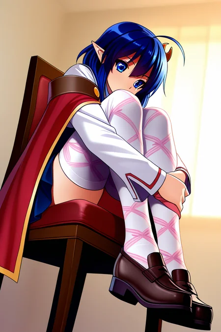 1girl,fullbody,<lora:Ribbonprint_thighhighsILv2:1>,Ribbon_socks,thighhighs,zettai ryouiki,print pantyhose,white thighhighs,chair,sitting,hugging own legs,crossed legs,from below, dutch angle, <lora:so2rena_SDXL_Illustrious_fp16_ver01:1>,1girl, blue hair,blue eyes, ahoge,crescent hair ornament, red cape,skirt, loafers,
