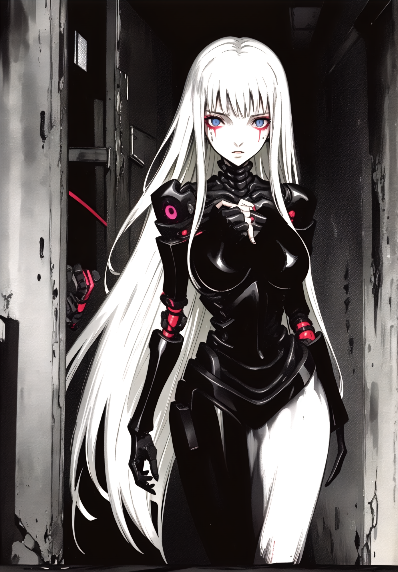 best quality,(beautiful detailed face:1.0), (detailed deep eyes),,<lora:ST anime:0.3>,, <lora:add detail:-0.2><lora:GoodHands-vanilla:1>
,1girl, style, 
, detailed_background,vast, gigantic, decrepit scenery, covered in large tubes and cables, dim light, giant-gross-organic,Expressionless
,weapon,cyborg girl, cords,medium breasts, , (safeguard),long hair,highleg,liquid,Corruption,doll, machine,oil,black_body,gothic, horror,
,,<lora:ST inikmixV5:0.3><lora:ST_hipev3:0.3> <lora:blame5:0.9>
