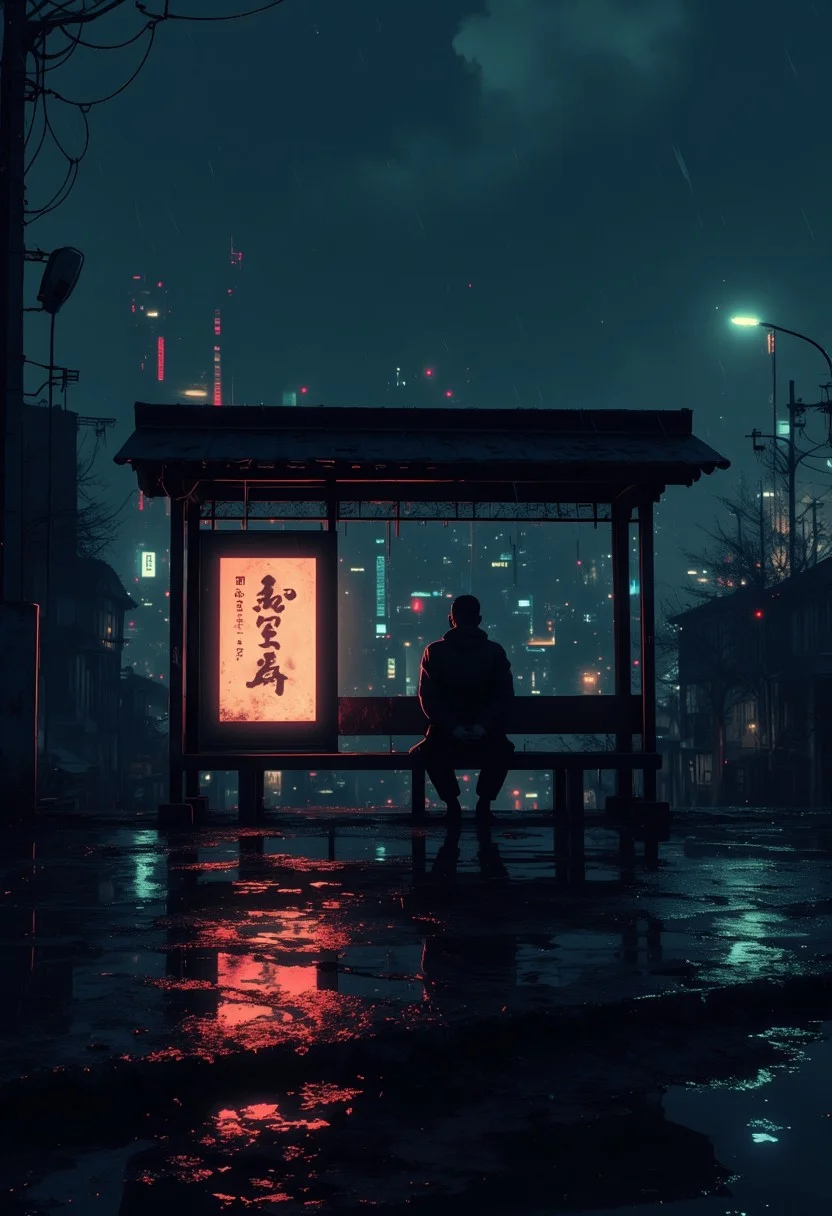 chaiscuro photo, city lights, dark, night,old japanese bus stop, village, manga, rain, beautiful , lights,detailed background atmospheric, light flares, intricate details, enhanced lighting, no lights, dark smoky shadow sitting in bus stop bench,
cinematic scene , hyperdetailed, mysterious atmosphere, gorgeous lighting, bioluminescense, red eye, breathtaking landscape, adventurous, cosmic horror,filme grain, realistic, unreal engine 5, ultra creative composition, chaos, particles in the Air, detailed ground, depth, dramatic shading