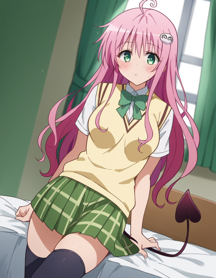 score_9, score_8_up, score_7_up, source_anime,
laladeviluke, <lora:lala-deviluke-darkness-ponyxl-lora-nochekaiser:1>,
lala deviluke, long hair, pink hair, tail, ahoge, bangs, hair ornament, green eyes,
demon tail, green skirt, plaid, plaid skirt, sainan high school uniform, school uniform, skirt, sweater vest, thighhighs, yellow sweater, short sleeves, bow, green bow,
indoors, bed, bed room, on side, blush, drunk,
looking at viewer, cowboy shot, dutch angle, solo,