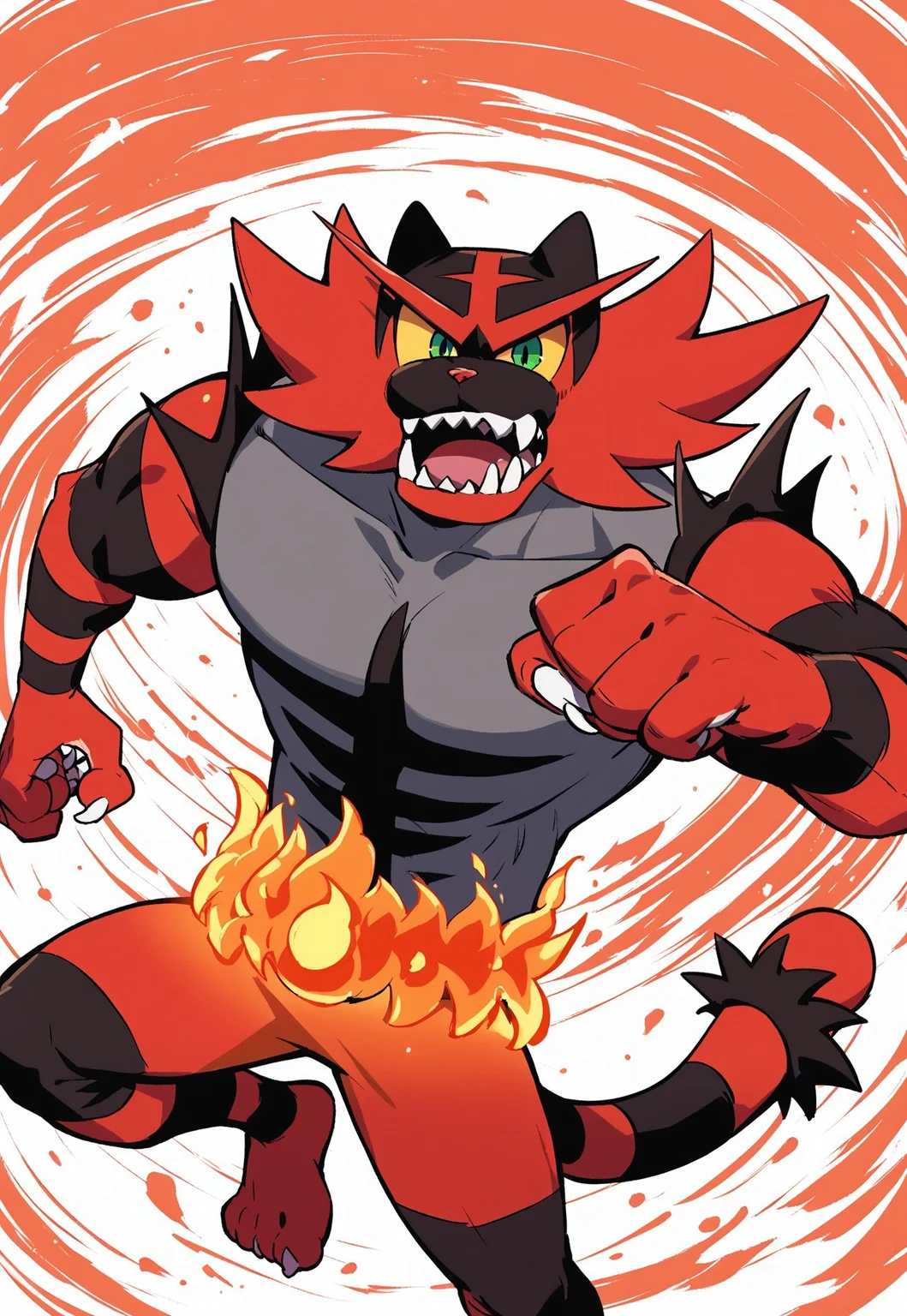 score_9, score_8_up, score_7_up, score_6_up, score_5_up, score_4_up, sfw, censored, hi res, anime, digitial art, action pose, jumping, in air, dynamic angle, abstract background, solo, (incineroar), felid, glowing flame belt, yellow sclera, green eyes, open mouth, sharp teeth, anthro, male, tail