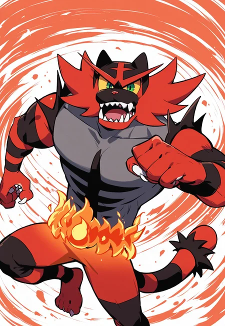 score_9, score_8_up, score_7_up, score_6_up, score_5_up, score_4_up, sfw, censored, hi res, anime, digitial art, action pose, jumping, in air, dynamic angle, abstract background, solo, (incineroar), felid, glowing flame belt, yellow sclera, green eyes, open mouth, sharp teeth, anthro, male, tail