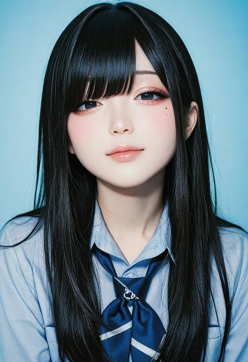 , raytracing, very awa, high resolution, official art, realistic, masterpiece, best quality, film grain, film still, realistic,photorealistic, super detailed skin, realistic skin, realistic human skin, realistic skin tones, Three-dimensional skin, (simple blue background:1.4), (low brightness lighting), polaroid
BREAK
, korea girl cosplayers, taiwan girl cosplayers, japanese girl cosplayers, blue_archive, virtual youtuber, hololive, nijisanji.jp, (ars almal), (suzuhara lulu), (houshou marine),
BREAK
, kawaii girl, (jiraikei face), (18-year-old), (narrow nose), petite, thin lips, (school uniform), (front view), mole under eye, black eyeliner and mascara, long eyelashes, eyeshadow , big eyes, looking at viewer, black hair, long hair, black eyes, half-closed eyes
BREAK