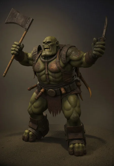 Score_9_up, absurdres, source: GamesWorkshop, grimdark, gothic horror, Warhammer 40000, a snarling ork is waving an axe in one hand and firing a machinegun in the other, lifelike, hyperrealism, perfect hands, perfect anatomy, project unreal engine