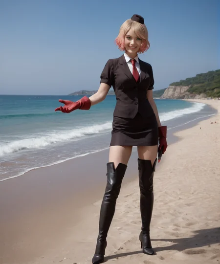 <lora:Catherine_Ward:0.9> evilycatherineward, 1girl, solo, blonde hair, red gloves, multicolored hair, necktie, gradient hair, thighhighs, thigh boots, short hair, pencil skirt, hat, pink hair, short sleeves, green eyes, high heels, black clothing, evil grin, full body, realistic, photorealistic, score_9, score_8_up, score_7_up, high contrast, film grain, Rim Lighting, masterpiece, best quality, high quality, realistic anatomy, 4k, highres, 8k, detailed skin, detailed face, centered, hyperdetailed, extremely detailed, Ultra-realistic, ultra quality, 8K UHD, photorealism, hyperrealism, attention to details, zPDXL3, break, outdoors, beach, water, standing, looking at viewer