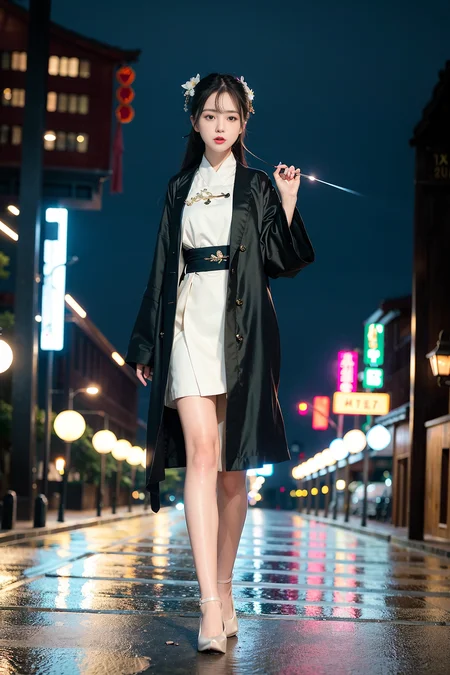 (8k, RAW photo, best quality, masterpiece), (realistic, photo-realistic),1girl,cute,cityscape, night, rain, wet, professional lighting, photon mapping, radiosity, physically-based rendering, <lora:hanfu2.1:0.5>, <lora:koreanDollLikeness_v15:0.25>,( silk coat, song, song Dynasty, song clothing:1),