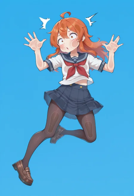,masterpiece,extremely detailed,best quality,amazing quality,newest,absurdres,highres, super detailed skin,1 girl,  school_uniform, serafuku, miniskirt, pantyhose, surprised, screenko, full_body,dutch angle, blue_background