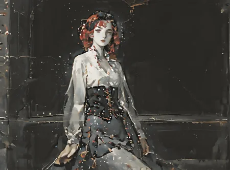 score_9, score_8_up, score_7_up, character portrait, angled, woman, pale skin, huge breasts, <lora:sm0k3XLP:1>, <lora:goth_clothes:1>, (skirt(side lace-up corset, black skirt)), crimson red hair, black highlights, <lora:FeikeAbstract:1>, <lora:Eldritch_Universe_Style:1>,