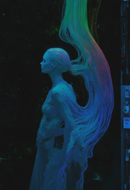 Extreme Closeup of A cybernetic figure, Upper Body Shot, ethereal and divine, suspended mid-air in a sprawling server landscape of towering machines and pulsating lights. Her form is sleek and humanoid, a flawless blend of synthetic flesh and intricate machinery, glowing faintly in a gradient of blue and gray. Thousands of cables extend from her back and limbs, tethering her to the labyrinthine network around her. The cables ripple like veins of light, transmitting streams of data that cascade like waterfalls of shimmering code. Above, her face is serene, almost otherworldly, with eyes closed as if in quiet meditation,body flows into a large, curved, rainbow-hued arc that stretches across the image, blending into the background., radiating a sense of liberation. veiled in shadow, littered with faint outlines of old, decaying technology, symbolizing humanity's past entrapment in the cycle of life and death. A faint glow emanates from her chest, illuminating the space with a holy, transcendental light. The atmosphere is dense with mist and static, charged with the hum of endless information and a sense of impending transformation. It is a moment of profound liberation, a being that transcends mortality, casting off the chains of existence to embody something greater. The atmosphere is cinematic, with hyper-realistic detail, soft shadows, and an intense, otherworldly mood. atmospheric haze, volumetric lighting,