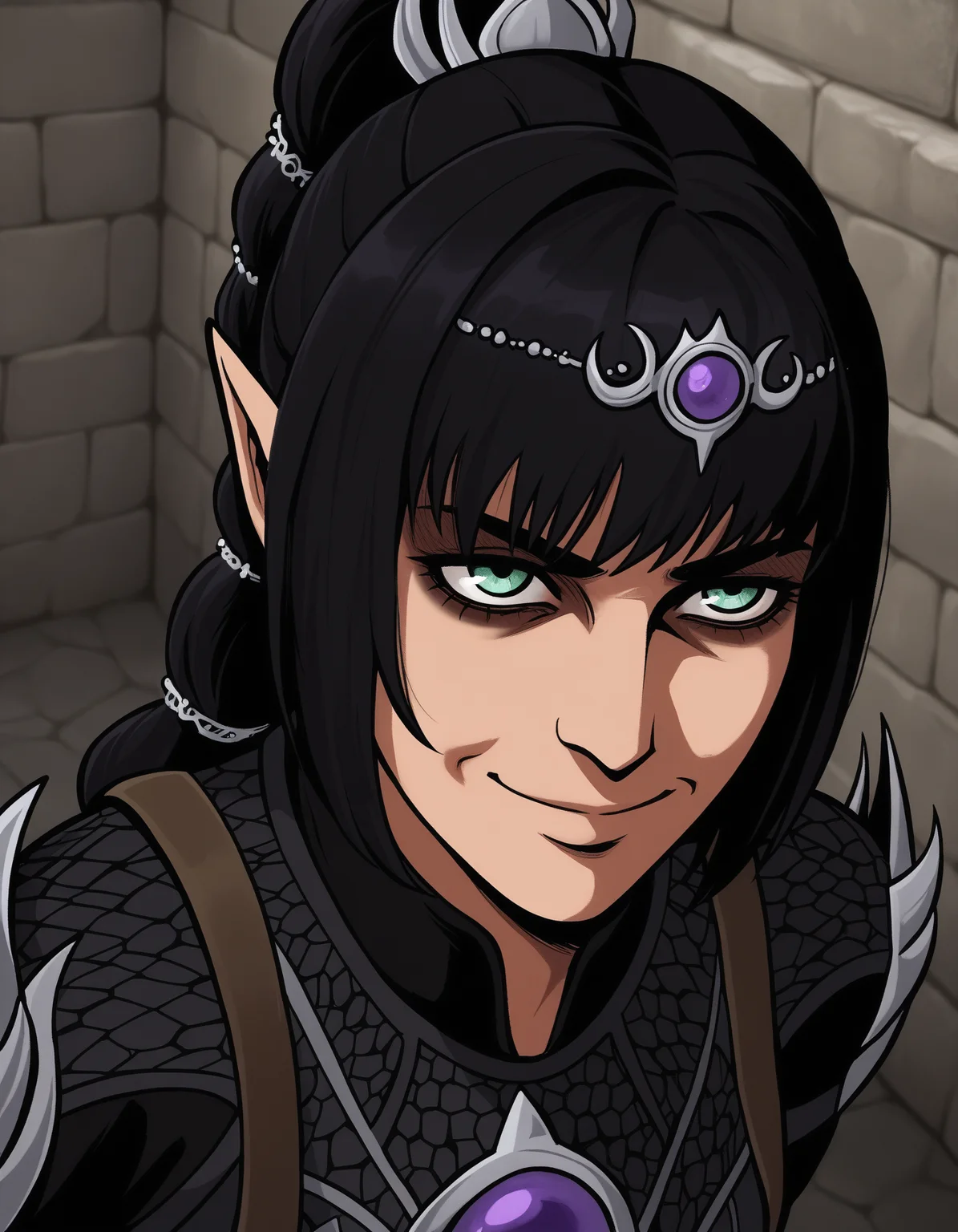 anime style, from above, funny, meme, SOLO, 1girl, closed mouth, Thispleases, smile, parody,shadowheart \(baldur's gate\), pointy ears, black hair, bangs, long hair, ponytail, tiara, <lora:ThisPleasesV.01-000008:0.95>, (inside castle, stone walls, torches, dim light)