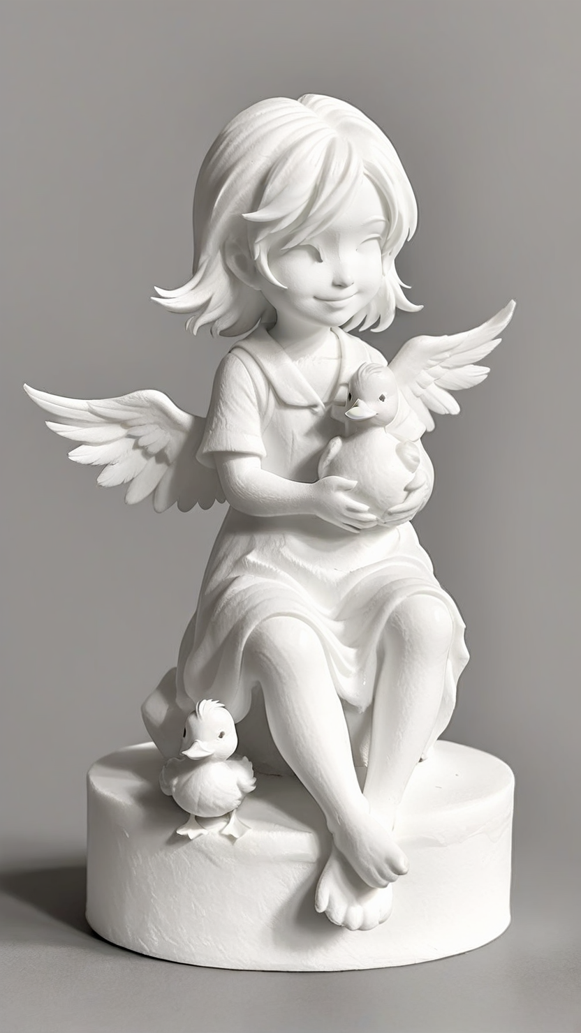 <lora:3DPrintingXL:1>,whitemold,3d printed mold,art style,greyscale,monochrome, 1girl, solo, duckling, small wings, smiling, fluffy feathers, sitting, simple background, clean lines