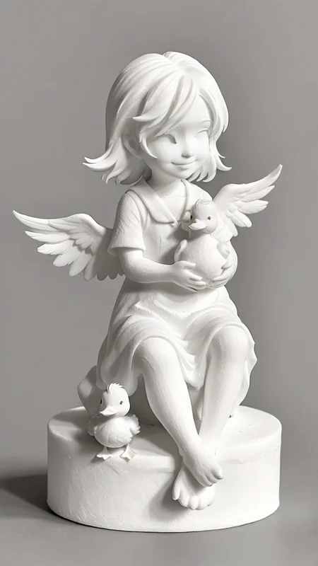 <lora:3DPrintingXL:1>,whitemold,3d printed mold,art style,greyscale,monochrome, 1girl, solo, duckling, small wings, smiling, fluffy feathers, sitting, simple background, clean lines