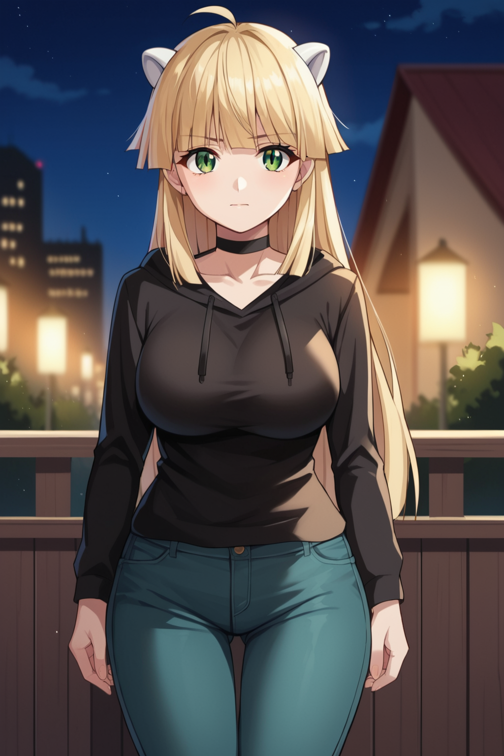 score_9, score_8_up, score_7_up, source_anime, mariko_kurama, 1girl, solo, 19-year old female, (large breasts:0.2), (medium breasts:1.2), (wide hips:1.2), night, outdoors, cityscape, looking at viewer, (closed_mouth:1,2), (eyes_half-closed:1.2), (v-shaped_eyebrows:0.8), standing, cowboy_shot, tomboy, arms_at_sides, (blonde hair, long hair:1.2), sidelocks, blunt bangs, green eyes, slit_eyes, (white horns:1.2)\nblack sweater, hood_down, black choker, teal pants, denim, torn_pants<lora:EMS-664992-EMS.safetensors:0.950000>