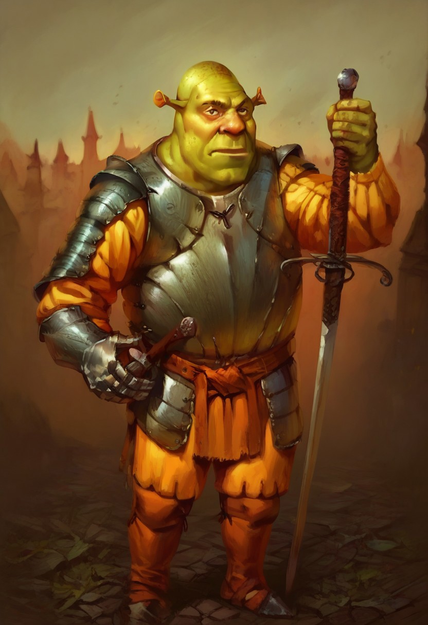 male focus, solo focus, solo, score_9, score_8_up, score_7_up, 1boy, shrek, green skin, armor, ZweihanderV1.1-pose1, weapon, sword, holding weapon, holding,